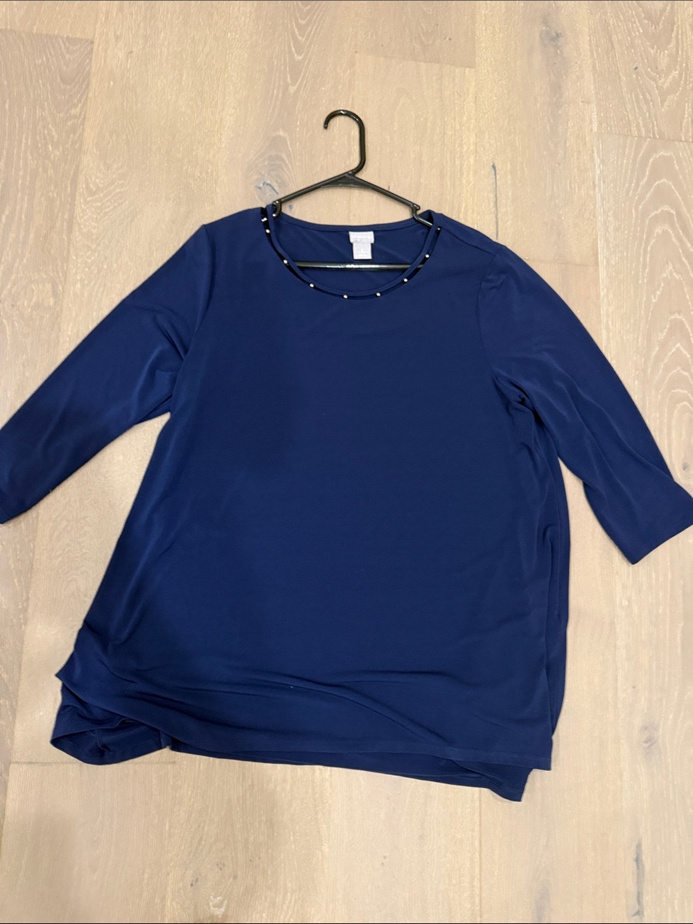 Chico’s Navy Blue Embellished Neck 3/4 Sleeve Top